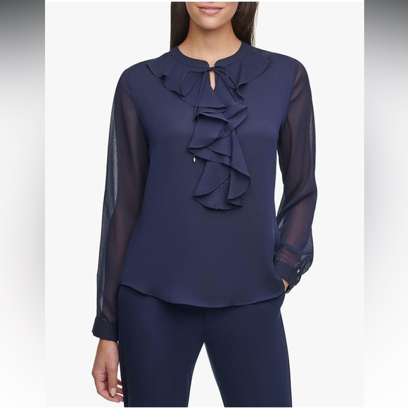 TOMMY HILFIGER Women's Classic Long Sleeve Ruffle Front Blouse Blouse - Midnight - Picture 6 of 11